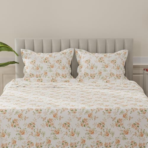 Image of Layers 100% Cotton Bedsheet for King Size Bed | Lumina Floret Collection | 144 TC Soft & Breathable | Printed with 2 Pillow Covers | Wrinkle Free & Colorfast | 3 Piece Bedding Set - Orange & White
