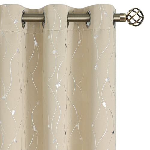 BGment Short Room Darkening Curtains 45 inch Length for Small Windows, Grommet Thermal Insulated Drapes for Bedroom with Wave Line and Dots Printed, 2 Panels, Each 38 x 45 Inch, Beige