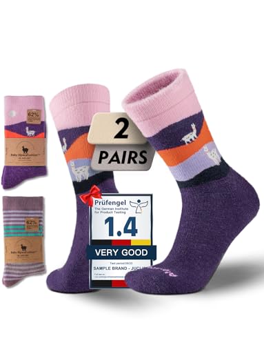 Juclise Alpaca Wool Crew Winter Socks for Women Boot Thermal Warmth Thick & Cold Weather Cozy Fleece Lining Breathable (US Alpha Medium Regular Regular Purple Green Stripes + Alpaca Purple)
