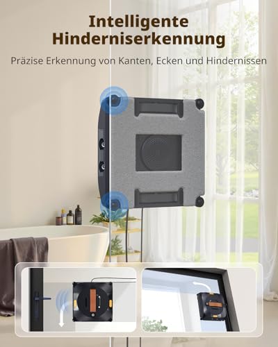 AIRMSEN YW733 Fensterputzroboter, Automatische Routenplanung, 4 Reinigungsmodi, 4 Sprühdüsen, 110 ml Tank, 6000 Pa Saugkraft, Anti-Rutsch-System, für Fenster, Duschglas & Spiegel