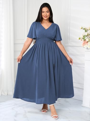 SCOMCHIC Women Plus Size Maxi Formal Dresses Wedding Guest Cocktail Short Sleeve V Neck Smocked Slit Long Flowy Dress4