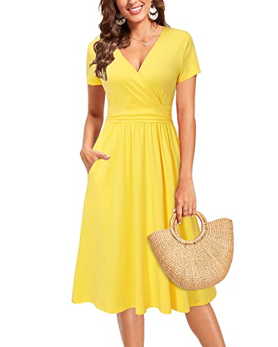 Image of OUGES Casual Summer Dress for Women Wrap V Neck A Line Midi Dresses with Pockets