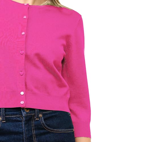 Image of Women's Cropped Cardigan 3 /4 Sleeve Crewneck Button Up Sweater Knit Top (S~XL)