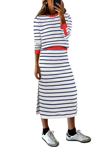 ANRABESS 2 Piece Skirts Sets For Women Fall Fashion 2025 Striped Sweater Midi Dress Knit Lounge Travel Outfits Winter Clothes White Blue Red Medium