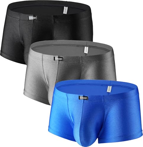 iKingsky Mens High Stretch Boxer Briefs Sexy Bulge Shorts Underwear Low Rise Trunk Under Panties for Men (Medium Black+Grey+Blue)