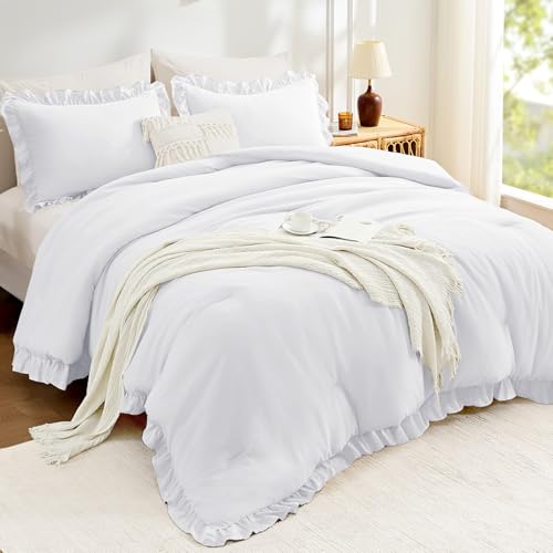 Image of FUANNA Queen Comforter Set White 3 Pieces, Ruffle Shabby Chic Queen Bed Set, Fluffy Lightweight Soft Bed in a Bag Queen for All Seasons, Farmhouse Bedding Comforter Sets(1 Comforter & 2 Pillowshams)