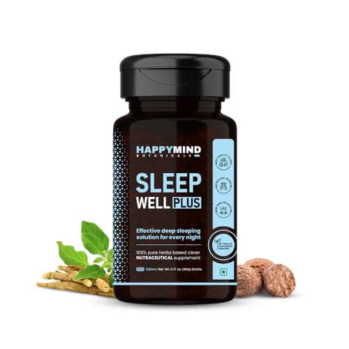 Image of HappyMind Botanicals Sleep Well Plus | Ayurvedic Melatonin Deep Sleeping Tablets | Anti- Anxiety Calm Sleeping Pills for undisturbed Restful Night | Tagar, Ashwagandha, Jatamansi | 60 Vegan Tablets
