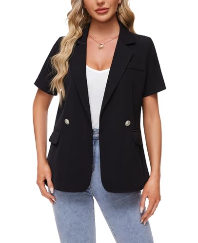 MINTLIMIT Blazers for Women Button Pockets Notch Lapel Blazer Jacket Lightweight Short Sleeve Suit Jacket for Daily/Work,Black,S