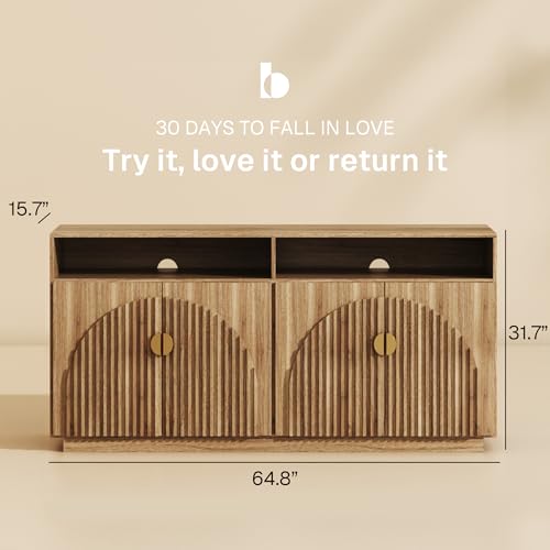 Image of BELLEZE 65-inch Fluted Sideboard with Open Shelf, Mid Century Modern Sideboard with Adjustable Shelves & Cable Management, Wooden Accent Cabinet for Dining Room, Living Room - Caramel Brown