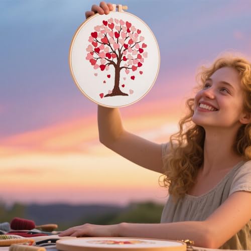 Image of Love Heart Tree Embroidery Kits for Beginners Adults, Valentine's Day Hand Embroidery Kits, Cross Stitch Kits for Adult Anniversary Valentine's Gift, Entire Set of Embroidery Supplies & Video Tutorial