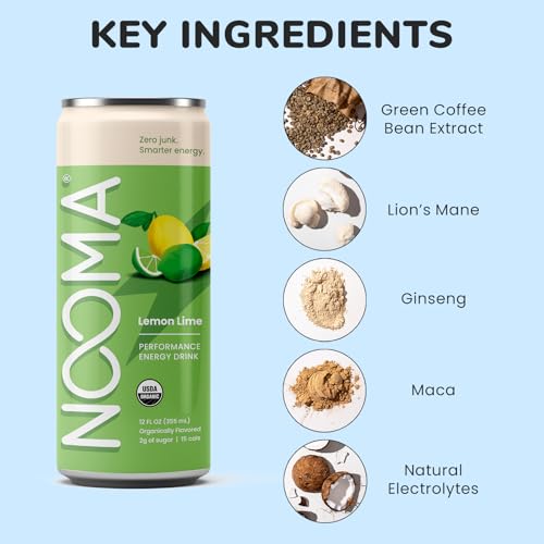 NOOMA - Performance Energy Drink - Pre Workout Drink - Nootropics, Adaptogens + Electrolytes - Organic & 0 Added Sugars - 120mg Clean Caffeine, 15 Calories & 2g Sugar - Lemon Lime - 12 Pack - 12oz ea. - Thumbnail 3