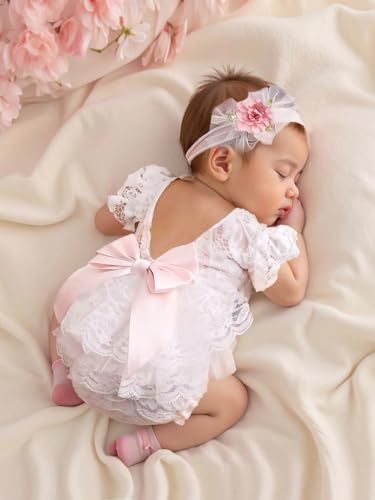 Image of Vomdrok Newborn Photography Outfits Girl Newborn Photography Props Lace Romper Headband Baby Outfits Girls Photo Props