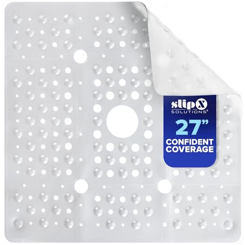 SlipX Solutions 27' Oversize Square Shower Mat, Non-Slip Mat for Elderly & Kids, 100+ Power Grip Suction Cups for Smooth Surfaces, Machine Washable, White Pearl
