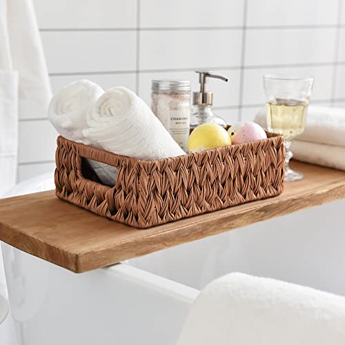 Granny Says Small Wicker Storage Basket, Waterproof Wicker Basket For Shelves, Woven Baskets For Storage, Wicker Storage Basket For Organizing Foods Tableware, Caramel Orange, 2-Pack, 11.25"L X 7.5"W X 3.5"H #TOP1