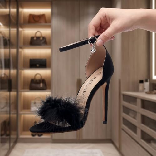 JOEupin Women's Feather Ankle Strap Heels, Fluffy Suede Open Toe Stiletto High Heel Sandals, Soft Padded Strappy Dress Shoes for Wedding Party Club by JOEupin - Used condition - Image 5