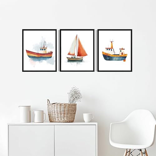 Póster de impresión artística para guardería con diseño de barco en set de 3 cuadros 3