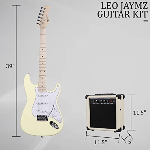 Leo Jaymz 39 Inch Full Size Electric Guitar Kit Electric Guitar Beginner Kits - 20W Amplifier，Digital Tuner，Carring Bag，Shoulder Strap,Connecting Cable (White Truffle） #TOP4