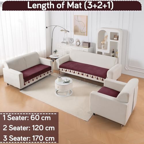 Image of HOKIPO Holland Velvet Sofa Cover Mat for 6 Seater (3+2+1) with Tassel | 'TasselTone Series' | Wine Red (IN-1108+1106+1104-MRN)