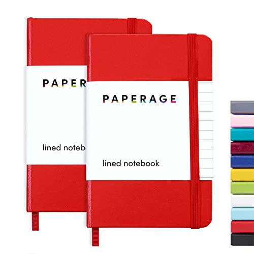 PAPERAGE Lined Pocket Journal Notebook, 2 Pack, (Red), 160 Pages, Small, 3.7 inches x 5.6 inches - 100 gsm Thick Paper, Hardcover