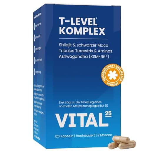 T-Level Testosteron¹ Kapseln - hochdosiert mit Shilajit, Ashwagandha KSM-66®, Maca schwarz, Bockshornklee, Tribulus, Cordyceps, Bor, Aminos - vegan - 120 Kapseln für 2 Monate - Vital25®