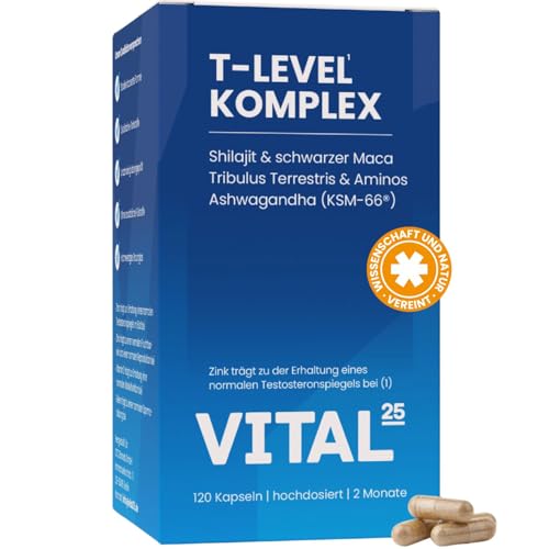 T-Level Testosteron¹ Kapseln - hochdosiert mit Shilajit, Ashwagandha KSM-66®, Maca schwarz, Bockshornklee, Tribulus, Cordyceps, Bor, Aminos - vegan - 120 Kapseln für 2 Monate - Vital25®