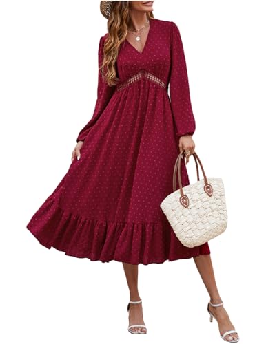 JENJON Donna Vestiti Scollo a V Elegante Manica Lunga Vita Alta Puntini Ruffles Maxi Abiti Autunno Inverno B-Rosso M