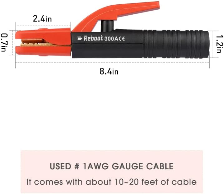 Dimensions of the 300AMP electrode holder: 8.4 inches long, 2.4 inches wide, 1.2 inches high, 0.7 inches jaw opening
