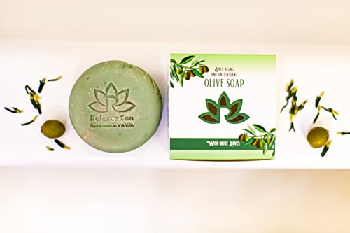 Relaxcation Natural Olive Oil Soap Bar with Organic Pure Greek Olive Oil and Leaves - Anti-Aging and Antioxidant Moisturizing Cold Processed Soap - Handmade in USA