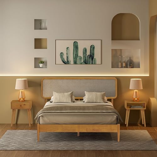 Image of NTC Lupin Wooden Bed Frame with Headboard and Natural Rattan, Solid Oak /Rubber Wood Foundation with Silent Slats, 1000 Lb Capacity, Effortless Assembly (Natural Cane - Rustic Oak, Queen)
