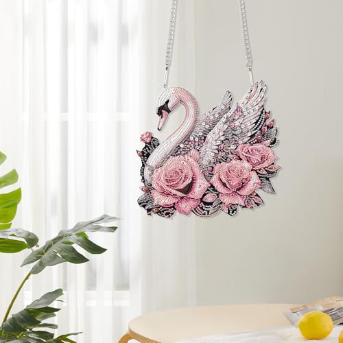 Image of AiYuanzsh Large Acrylic Diamond Art Hanging Kits for Adults, 5D Diamond Painting Suncatchers Kit Rose Swan DIY Diamond Crystal Window Door Pendant Kit for Gift Wall Home Christmas Decor (24.2x23 cm)