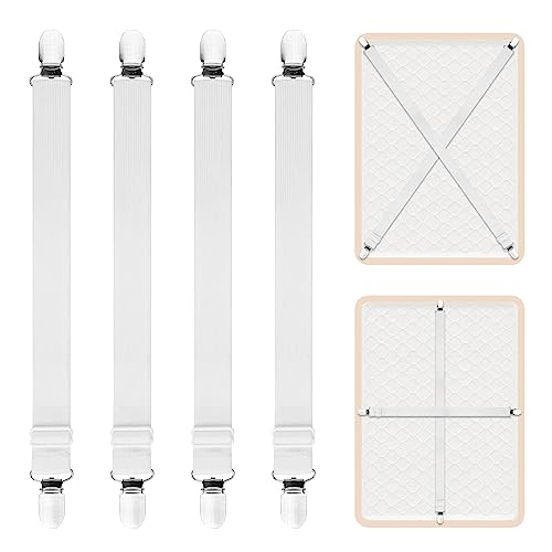 AUAUY 4PZ Extendidos Sujeta Sabanas Bajeras, Blanco Correas Ajustables Sujeta Colchones, Sujeciones de Ropa de Cama para Sostener SáBanas en Lugar para Esquinas Del Soporte Cama, CojíN de Sofá, 2Clips