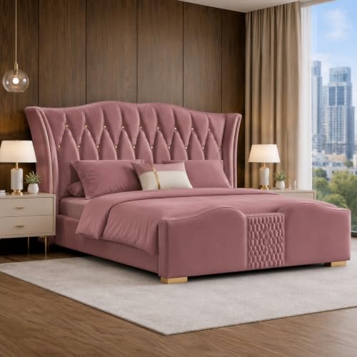 Image of Upholstered Queen Size Bed with Box Storage for Bedroom | Wooden Double Bed with Wooden Ply with Storage | Platform Cot Palang with Headboard | 6.5 x 5 Ft | Sheesham Wood | Onion Pink