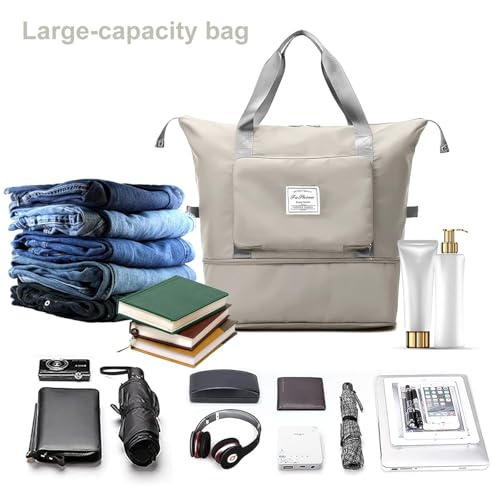 Image of Large Capacity Folding Travel Tote Bag, Oxford Fabric Waterproof Lightweight Foldable Travel Duffel Bag, Portable Expandable Travel Bag, Dry and Wet Separation Carry On Bag for Airplanes (Grey)