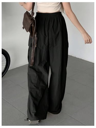 OYOANGLE Women's Cargo Pants Elastic Drawstring Waist Flap Pocket Straight Leg Trousers Y2K Parachute Pants2