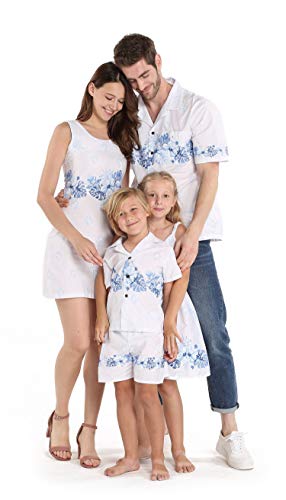 Matchable Family Hawaiian Luau Men Women Girl Boy Clothes in White with Blue Hibiscus
