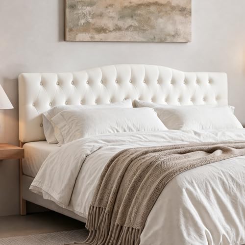 Iroomy Upholstered Full Headboard, Button Diamond Tufted Headboard with Adjustable Height and Solid Wood Leg, Velvet Padded Headboards for Full Size Bed, Modern Head Board, White