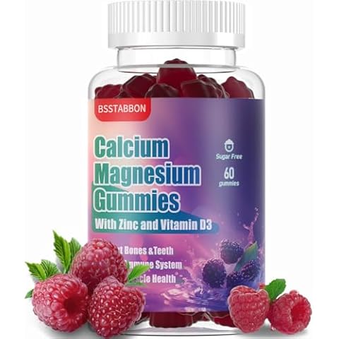 BSSTABBON Calcium Magnesium Gummies 1000mg Calcium,250mg Magnesium Complex,with Potassium+zinc Certified Non-GMO Verified Sugar Free 60Gummies (60 Count) Cover