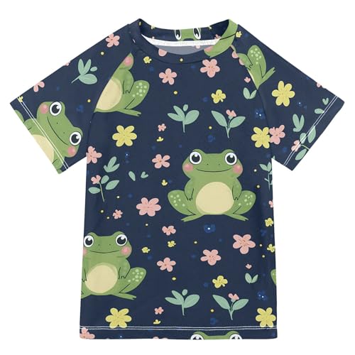 Wudan Cute Frogs Flowers Girls Bathing Suit Short Sleeves Rash Guard Boys Swimwears Tshirts for Youth Boy 11-12Y