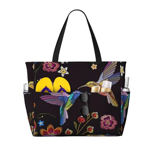 Humming Bird and Flowers Embroidery Large Beach Tote Bags for Womens Mens Sandproof Swim Pool Bag with Zipper for Travel Vacation
