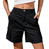 Womens Cotton Shorts 2025 Fashion Cargo Shorts with Pockets Elastic Waist Tracksuits Bottoms 7' Summer Sweat Pants Knee Length Combat Workout Running Pants Joggers Hiking Walking Bottoms Black M