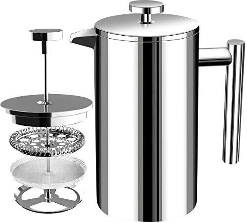 Utopia Kitchen Stainless Steel French Press - Double Wall 32oz Coffee Press - Stainless Steel Plunger Coffee Tea Maker Silver