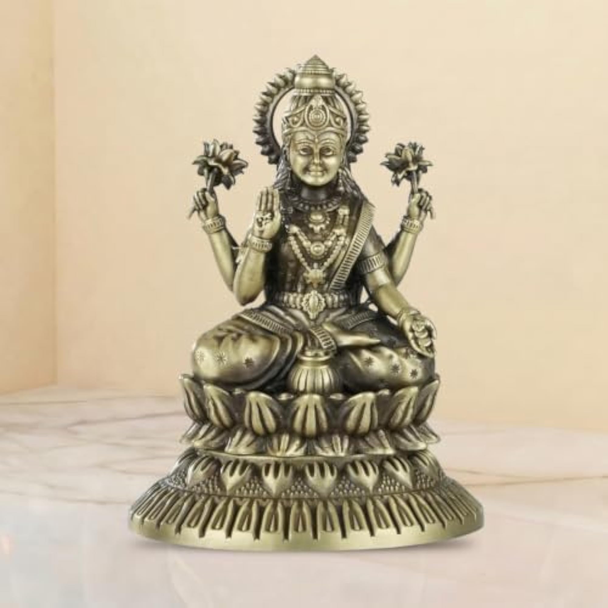 Brass Kamal Laxmi Idol with Fine Detailing & Antique Finish