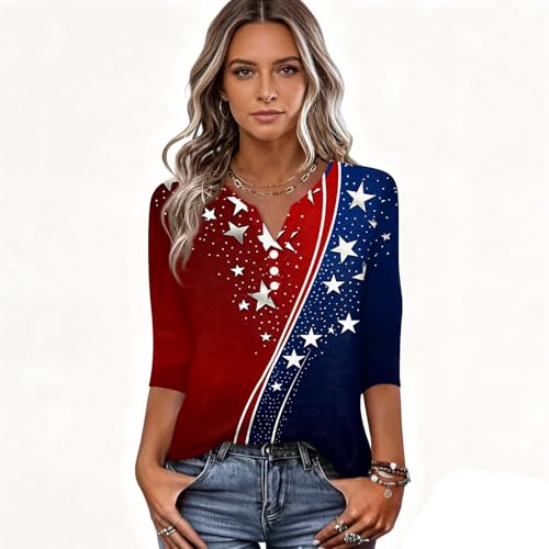 Image of 4th of July Shirts Women 3 /4 Length Sleeve Womens Tops Henley Neck Casual Patriotic T Shirts