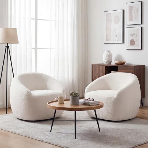 COSIEST White Swivel Accent Chairs Set of 2, Boucle Oversized Swivel Chair for Living Room with 360° Base, Cozy Round Swivel Barrel Chair