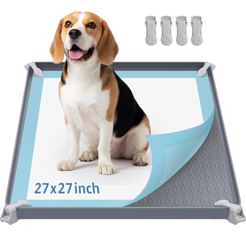 Image of LOOBANI Dog Pee Pad Holder - Silicone Dog Potty Tray, High Edge Puppy Pad Holder Tray with 4 Clamps, Non-Slip, Portable, Leak-Proof Mat Holder, 27 inch x 27 inch Puppy Potty Training Pads, Gray