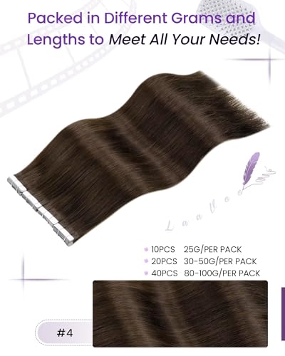 Image of LaaVoo Tape in Hair Extensions Medium Brown Human Hair Tape on Extensions Brown Hair Extensions Tape in Real Human 20Pcs 14 Inch 40g