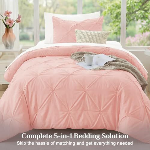 JOLLYVOGUE Twin Comforter Set 5 Pieces - Bed in a Bag Twin for All Season, Pintuck Bedding Comforter Sets with Comforter, Flat Sheet, Fitted Sheet and Pillowcases & Shams, Pink & Ivory by JOLLYVOGUE - Used condition - Image 6