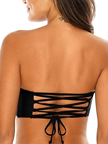 RELLECIGA Women's Black Bathing Suit Adjustable Back Lace-up Bandeau Bikini Top Size Large