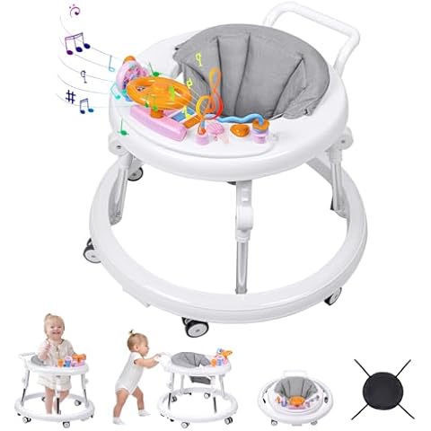 Baby Walker, Foldable 9-Gear Height Adjustable Baby Walker with Wheels, Infant Toddler Walker with Music Disk, Anti-Fall Baby Walkers and Activity Center with Foot Pads for Boys and Girls 6-24 Months Cover