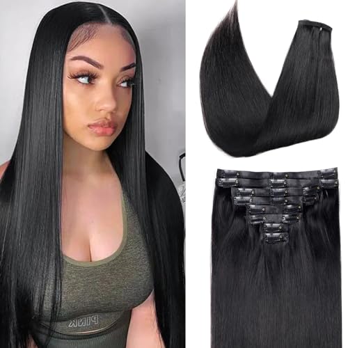 Seamless Real Human Hair Straight Brazilian Virgin Remy Hair Clip in Extensions for Women - 8pcs PU Clip in, 120g, 14inch Natural Black